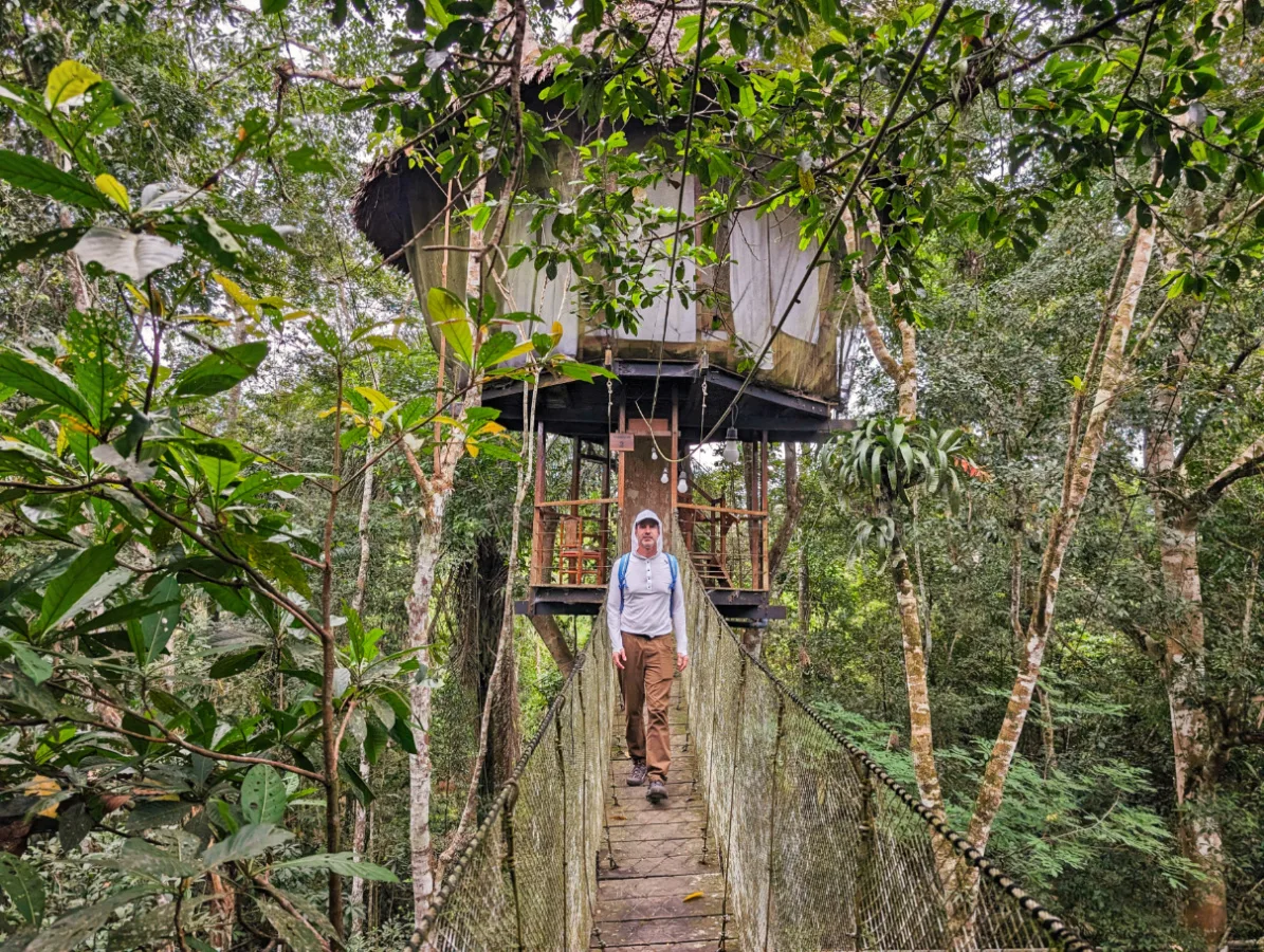 Chris Taylor on Swinging Bridge at Treehouse Lodge Peruvian Amazon 1