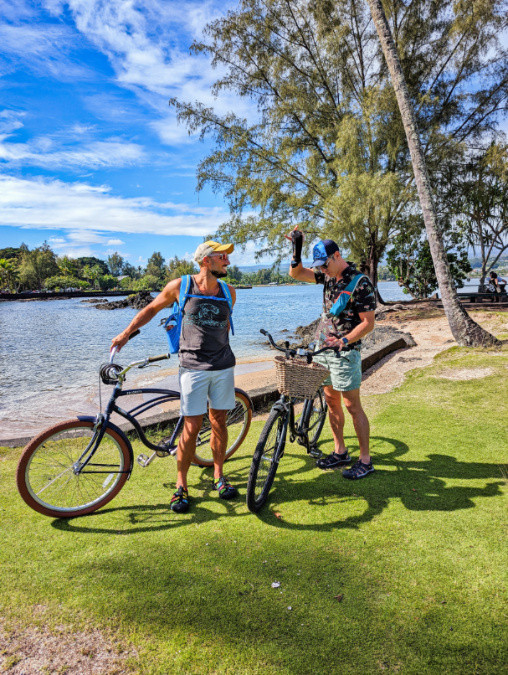 Chris and Rob Taylor Riding Bikes from SCP Hilo Hotel on Monkey Island Hilo Big Island Hawaii 3