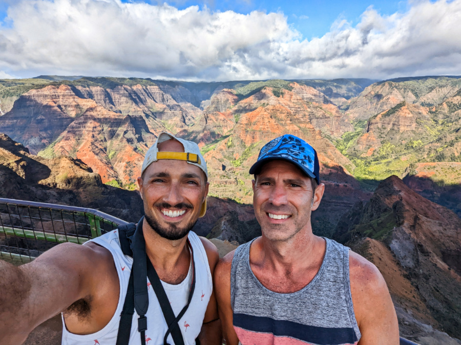 Chris and Rob Taylor at Lookout for Waipoo Falls in Waimea Canyon Kauai Hawaii 1
