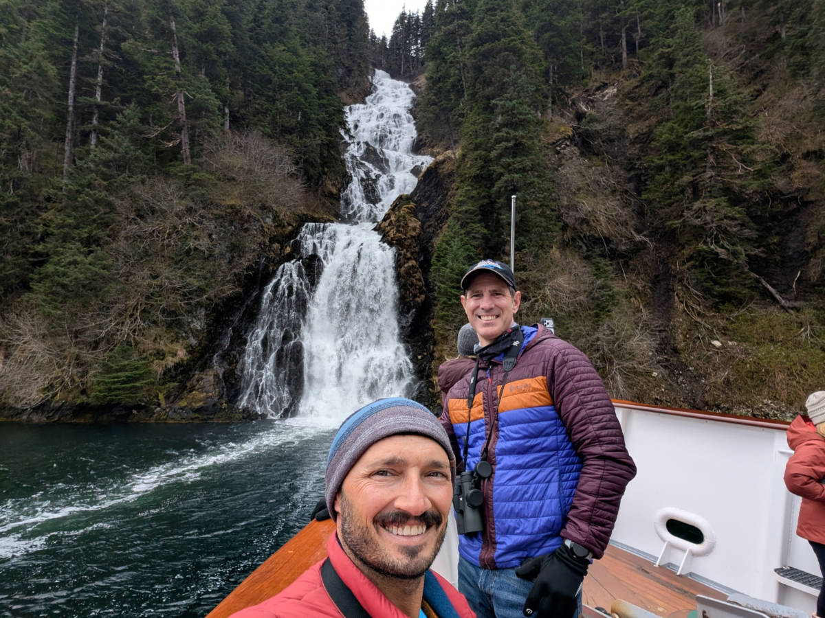 Chris and Rob Taylor at Waterfall at Red Bluff Bay with Mist Cove the Boat Company Southeast Alaska 2