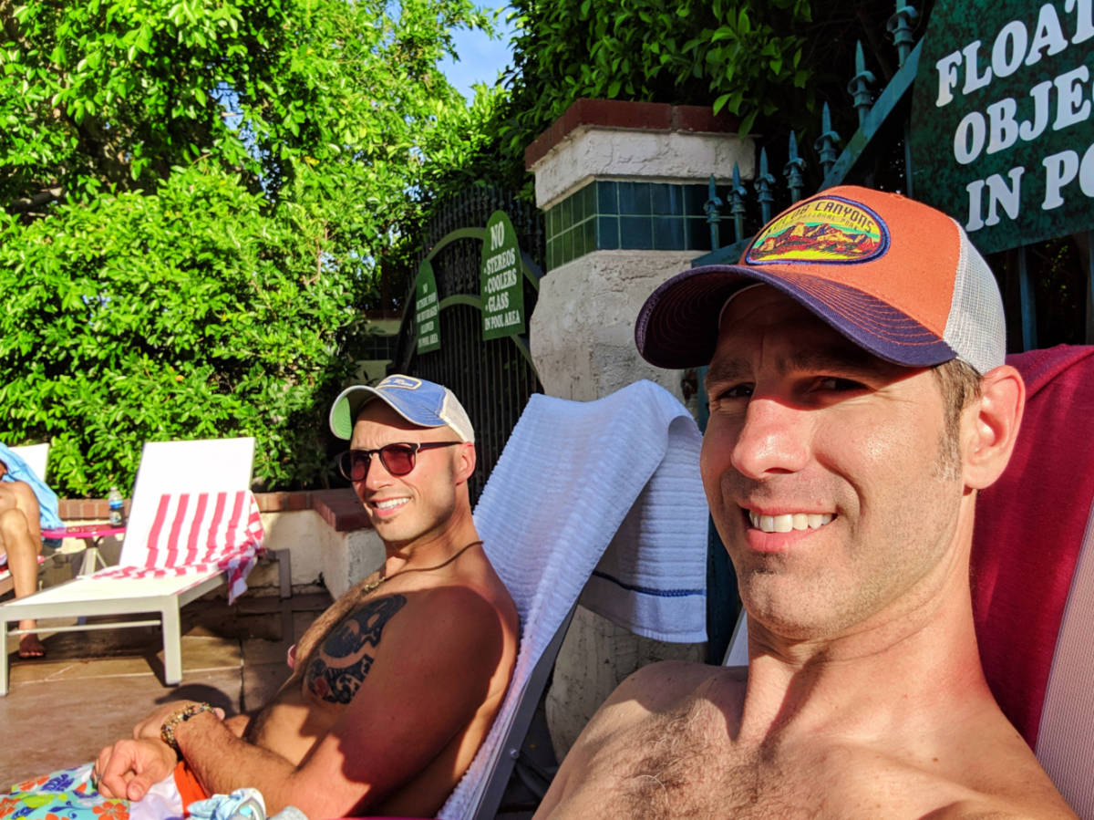Chris and Rob Taylor at pool at Best Western Plus Las Brisas Hotel Palm Springs 2