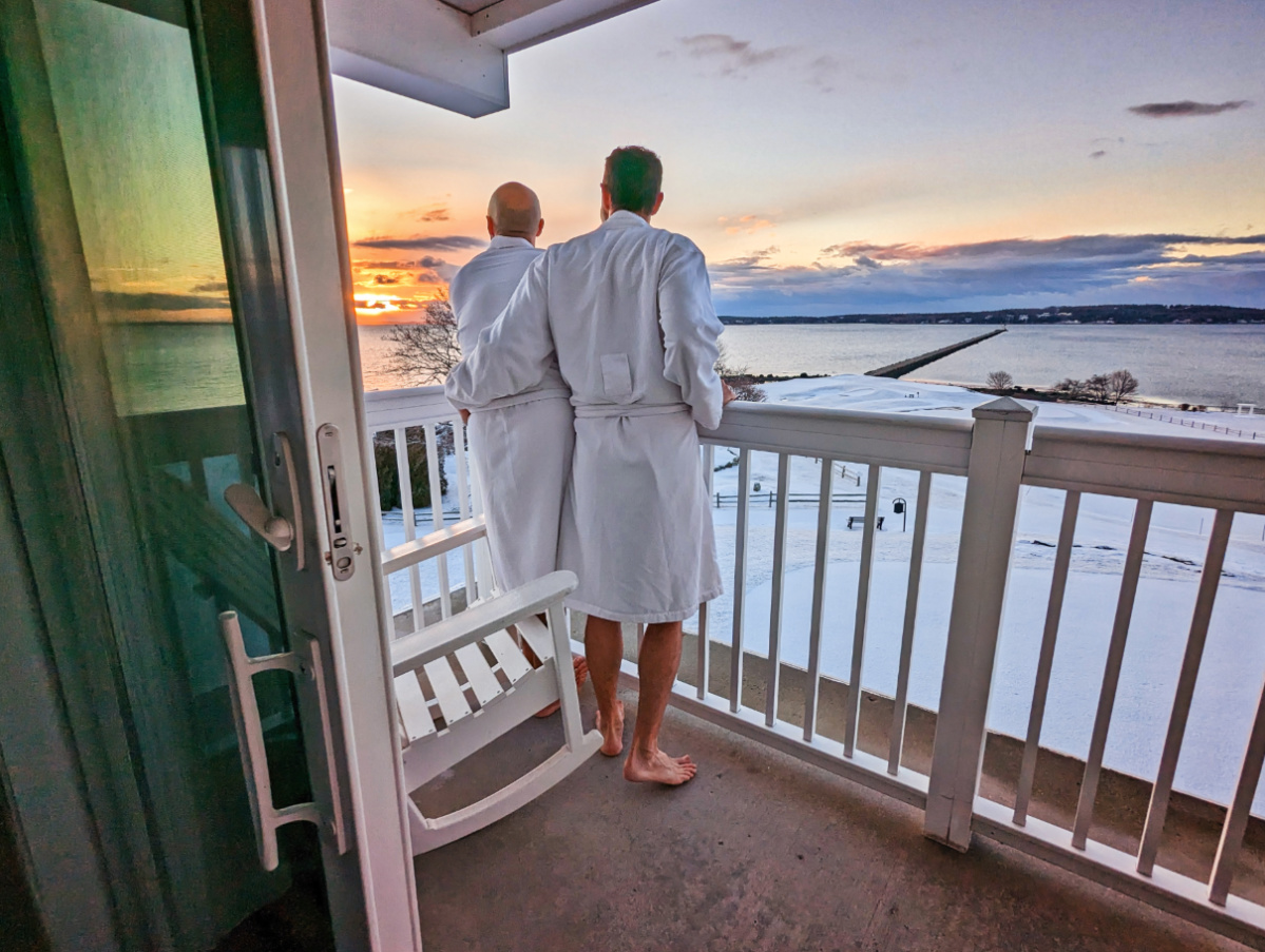 Chris and Rob Taylor in Bathrobes with snow at Samoset Resort Rockland Maine 1