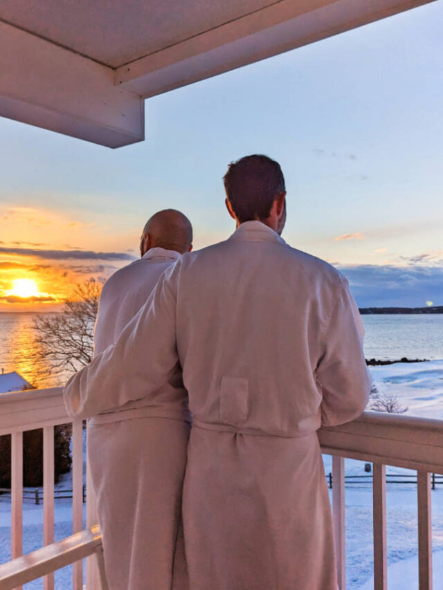 Chris and Rob Taylor in Bathrobes with snow at Samoset Resort Rockland Maine 2