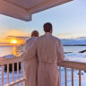 Chris and Rob Taylor in Bathrobes with snow at Samoset Resort Rockland Maine 2