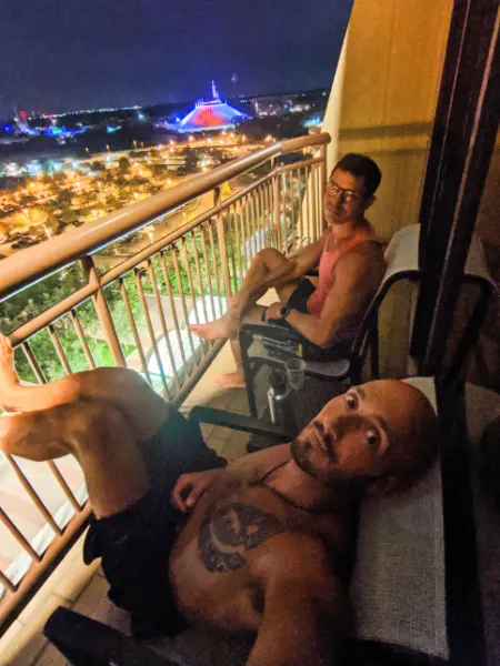 Chris and Rob Taylor on balcony at Disneys Contemporary Resort Disney World 2020 2