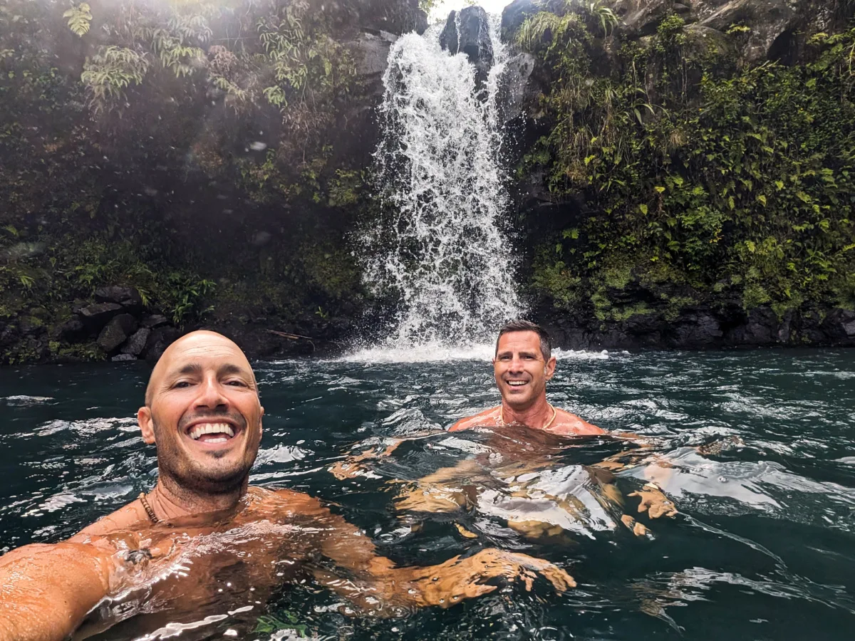 Chris and Rob Taylor swimming at Puaa Kaa Falls on Road to Hana Maui Hawaii 3