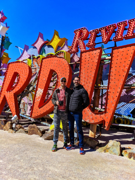 Chris and Rob Taylor with vintage Vegas signs at Neon Museum Las Vegas Nevada 7