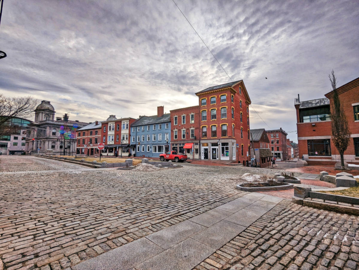 Cobblestone Street and Colorful Buildings in Downtown Portland Maine 1