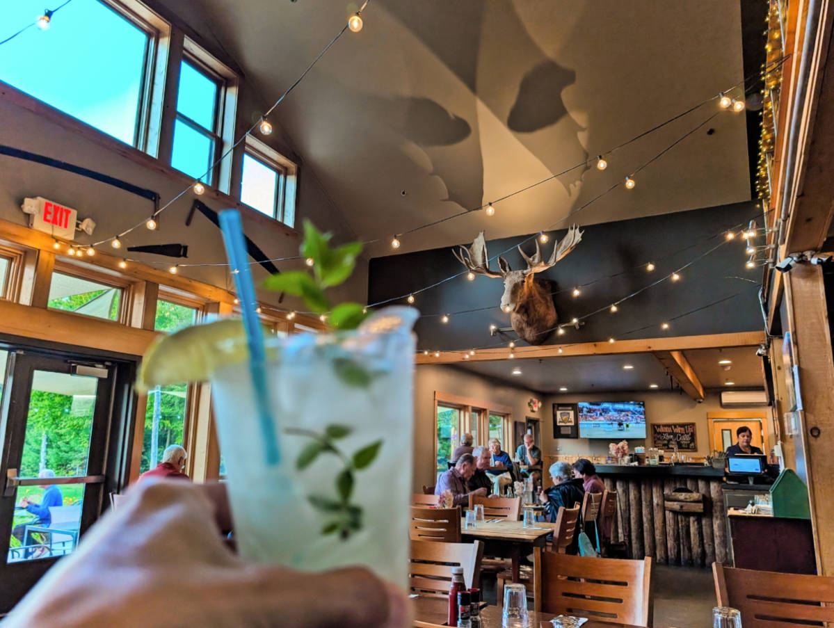 Cocktail and Moosehead at River Drivers Restaurant at New England Outdoor Center NEOC Millinocket Maine 1