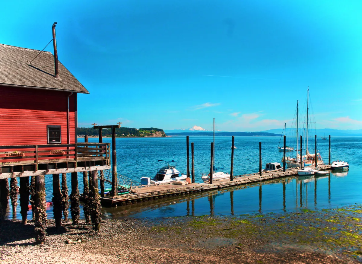 Coupeville Pier and boats reflecting with Mt Baker 1