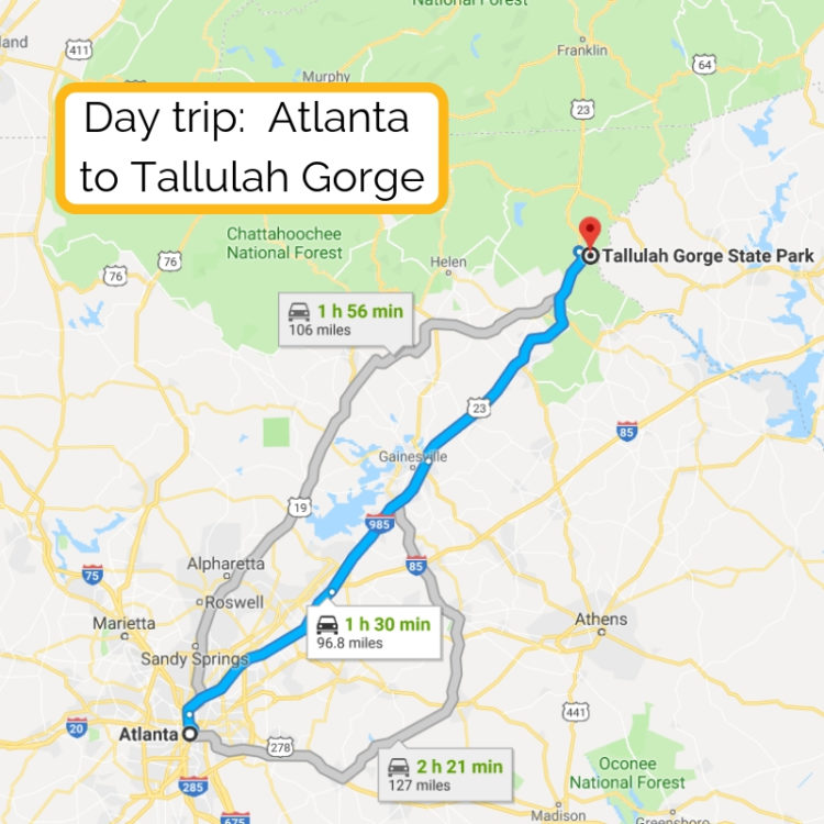 Day trip_ Atlanta to Tallulah Gorge map - 2TravelDads