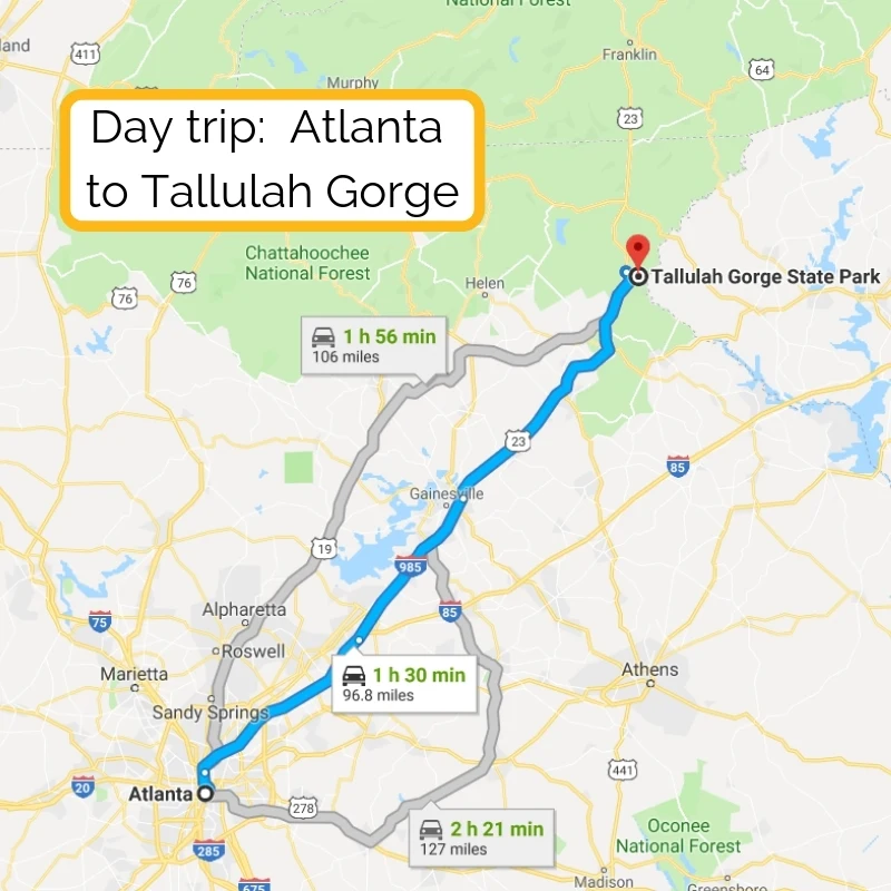 Day trip_ Atlanta to Tallulah Gorge map
