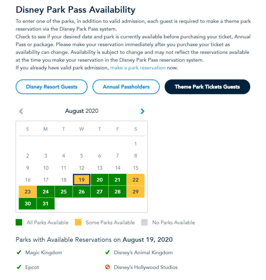 Disney World Parks availability calendar 2020 1