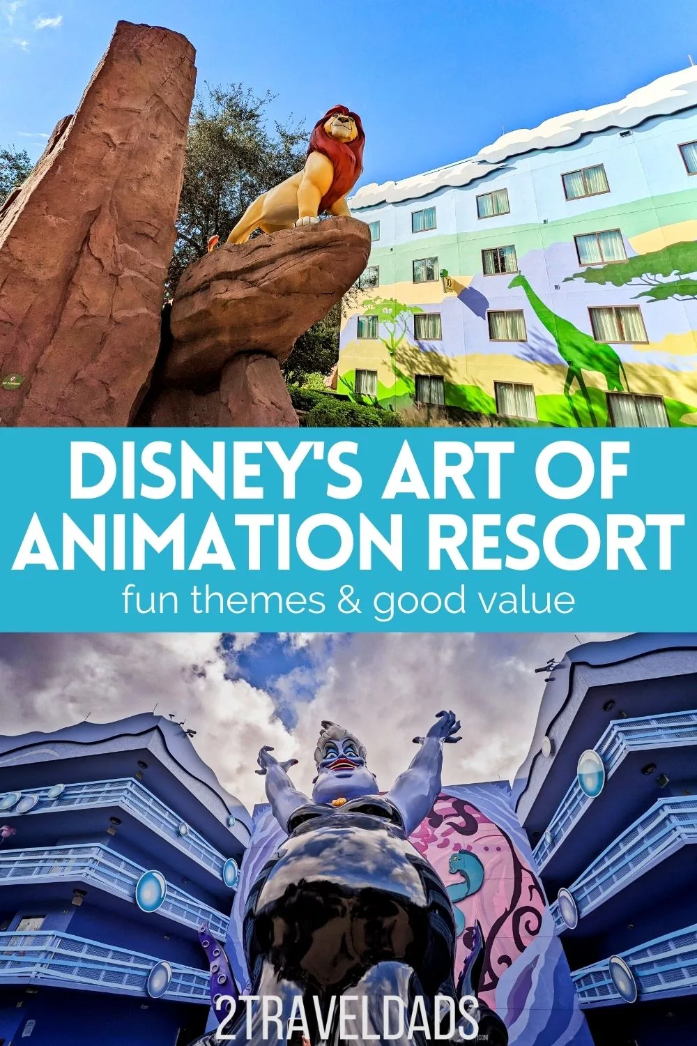 Review of Disney's Art of Animation Resort includes Cars, Lion King, Finding Nemo and Little Mermaid themed suites and rooms. A fun family hotel, Art of Animation is a Value Level Walt Disney World resort and is ideal for families visiting on a budget (or not).