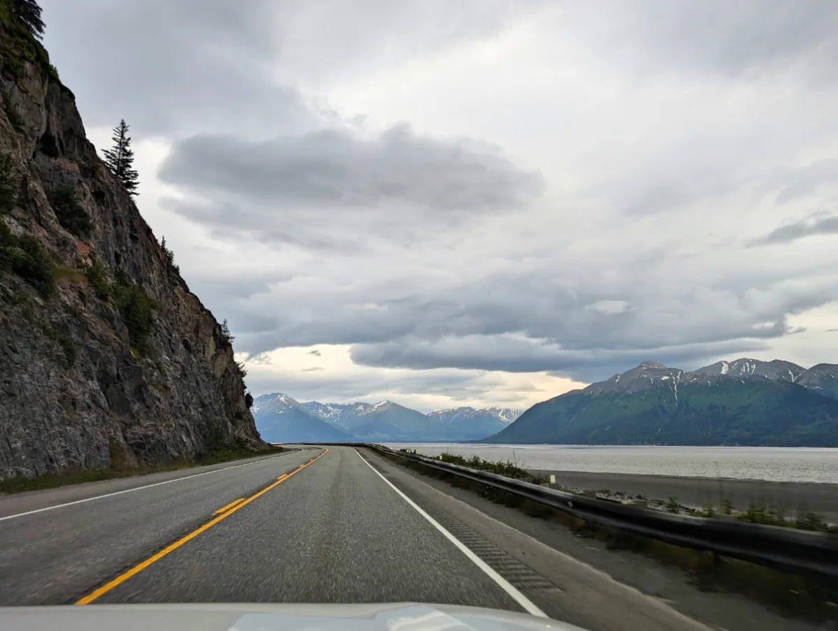 Driving Seward Highway road on Turnagain Arm Anchorage Alaska 1