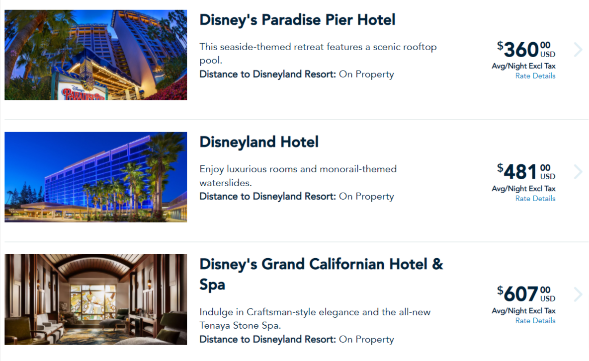 Disneyland Hotel Properties Price Comparison