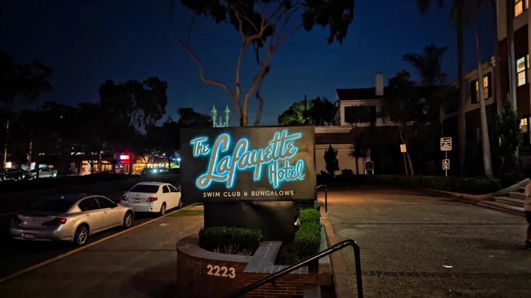 Exterior of Lafayette Hotel Swimclub and Bungalows at Night San Diego California 2