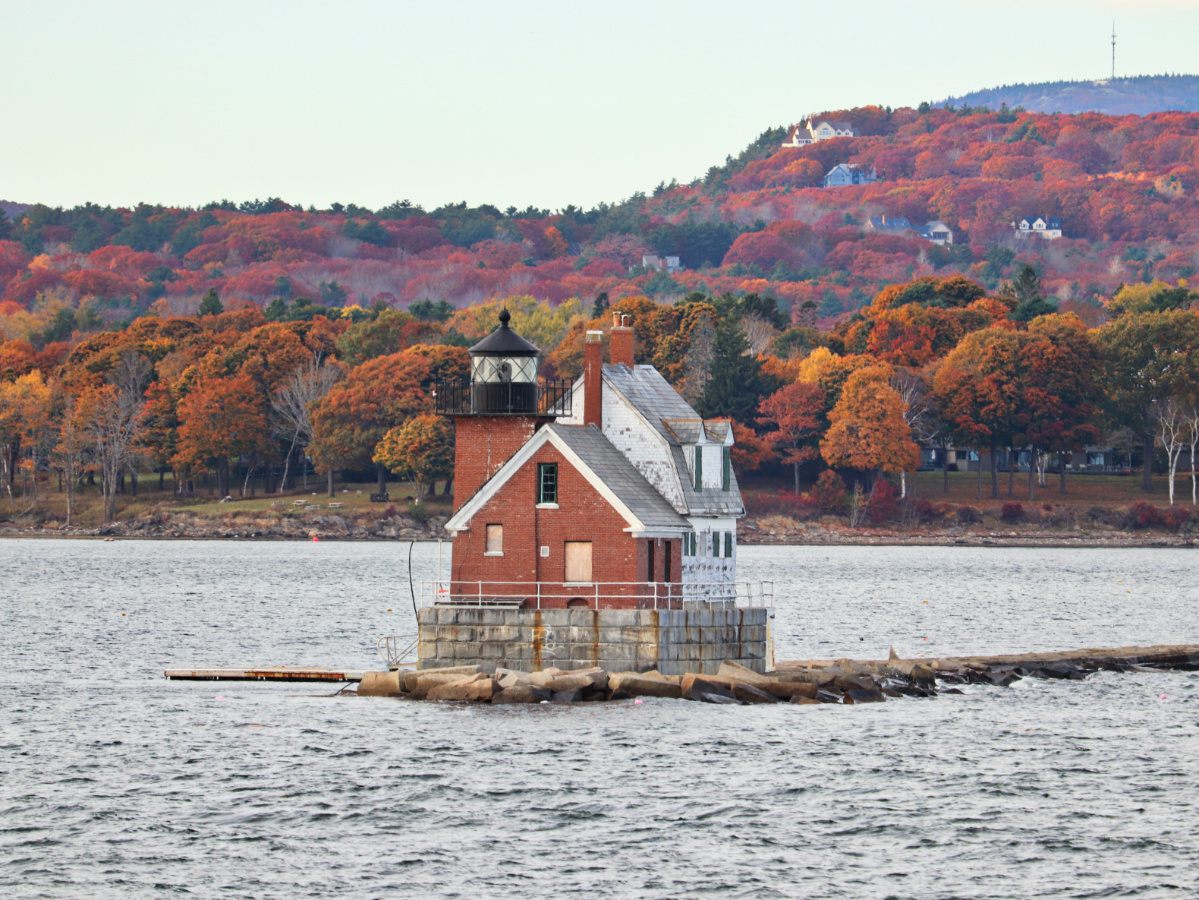 Fall Colors at Rockland Breakwater Lighthouse from Matinicus Ferry Midcoast Maine