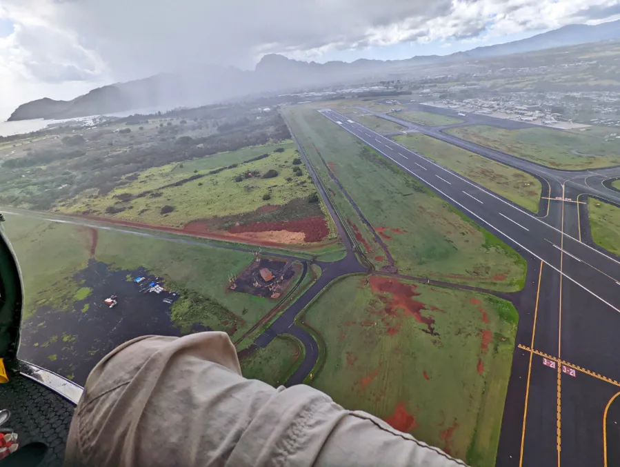 Flying into Rain over Lihue Airport with Air Kauai Doors Off Helicopter Tour Kauai Hawaii 2