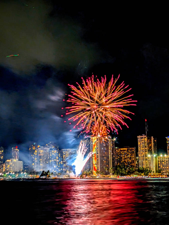 Friday Night Fireworks at Waikiki Beach from the Na Hoku 2 Catamaran Honolulu Oahu Hawaii 2