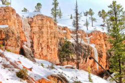 Frozen waterfalls on hoodoos at Mossy Cave trail Bryce Canyon National Park Utah 1