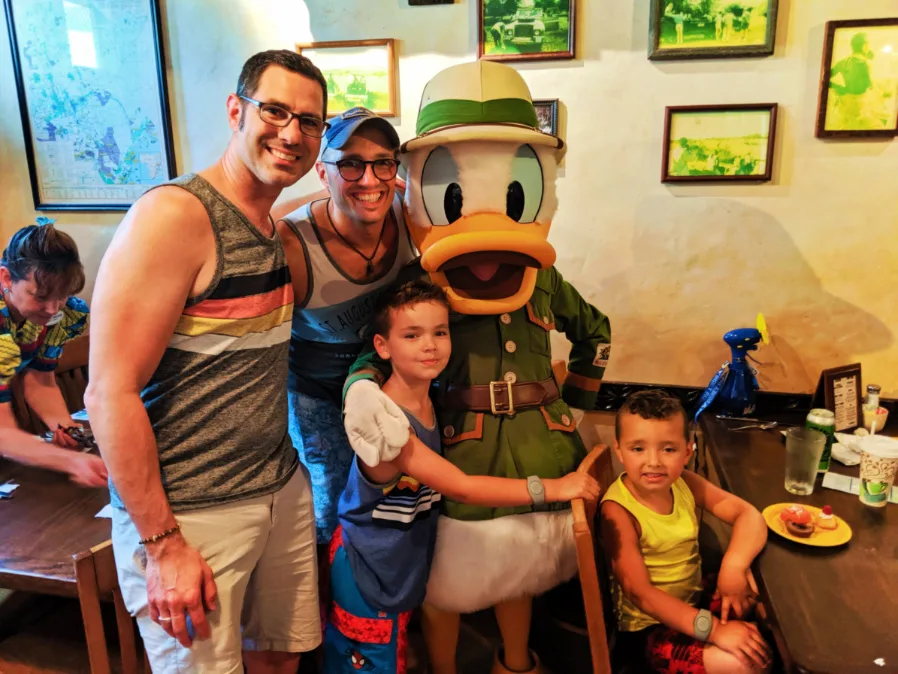 Full Taylor Family Donald Duck character dining at Tusker House Animal Kingdom Disney World Orlando Florida 1