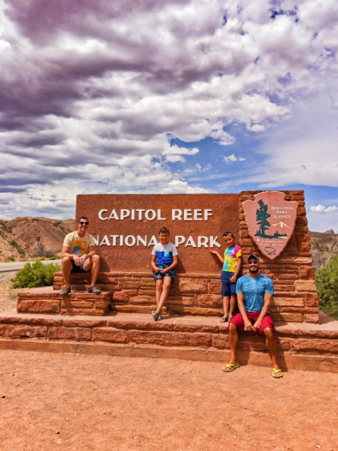 Full Taylor Family at Capitol Reef National Park Entrance Sign Utah 1