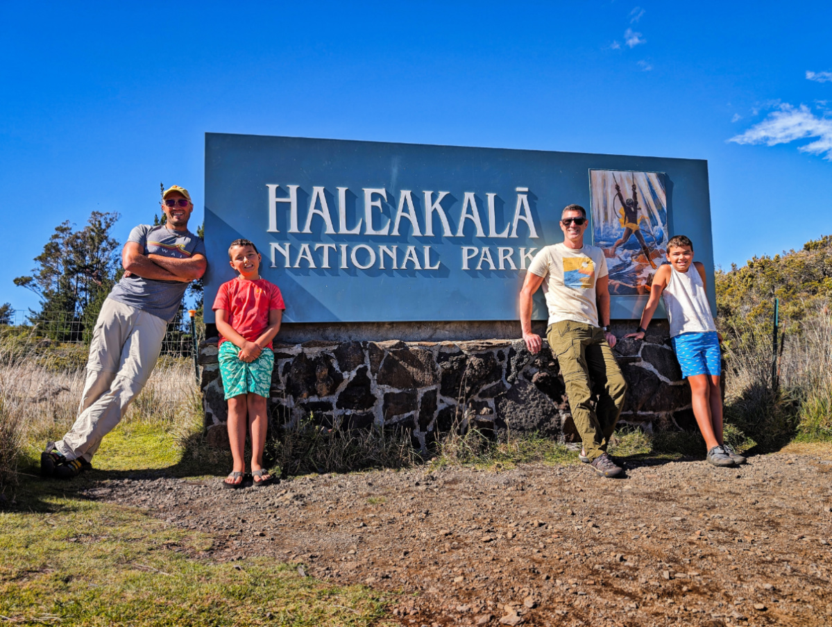 Full Taylor Family at Entrance Sign Summit District Haleakala National Park Maui Hawaii 1