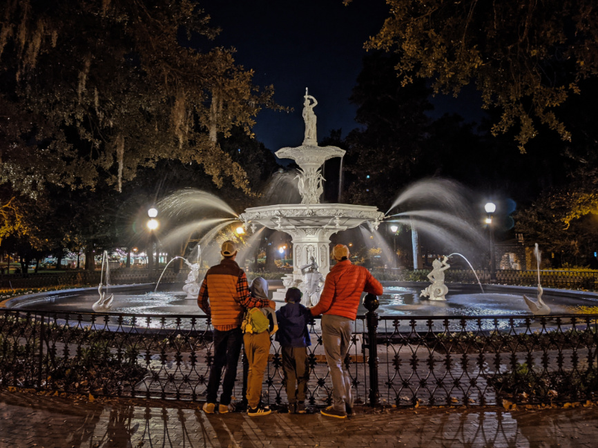 Full Taylor Family at Forsyth Park Fountain at Night Savannah Georgia 1