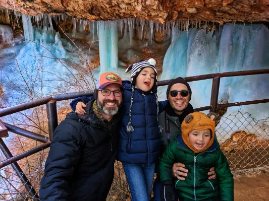 Full Taylor Family at Frozen waterfalls at Mossy Cave Bryce Canyon National Park Utah 2