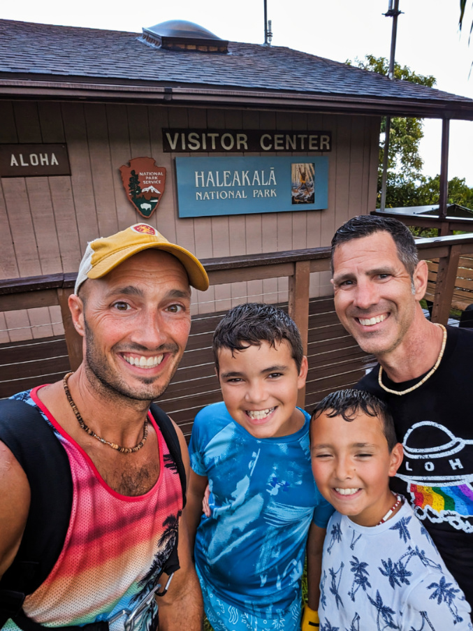 Full Taylor Family at Kipahulu Visitor Center entrance sign at Haleakala National Park Maui Hawaii 2
