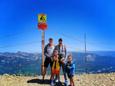 Full Taylor Family hiking at top of Lone Mountain at Big Sky Resort Montana 2