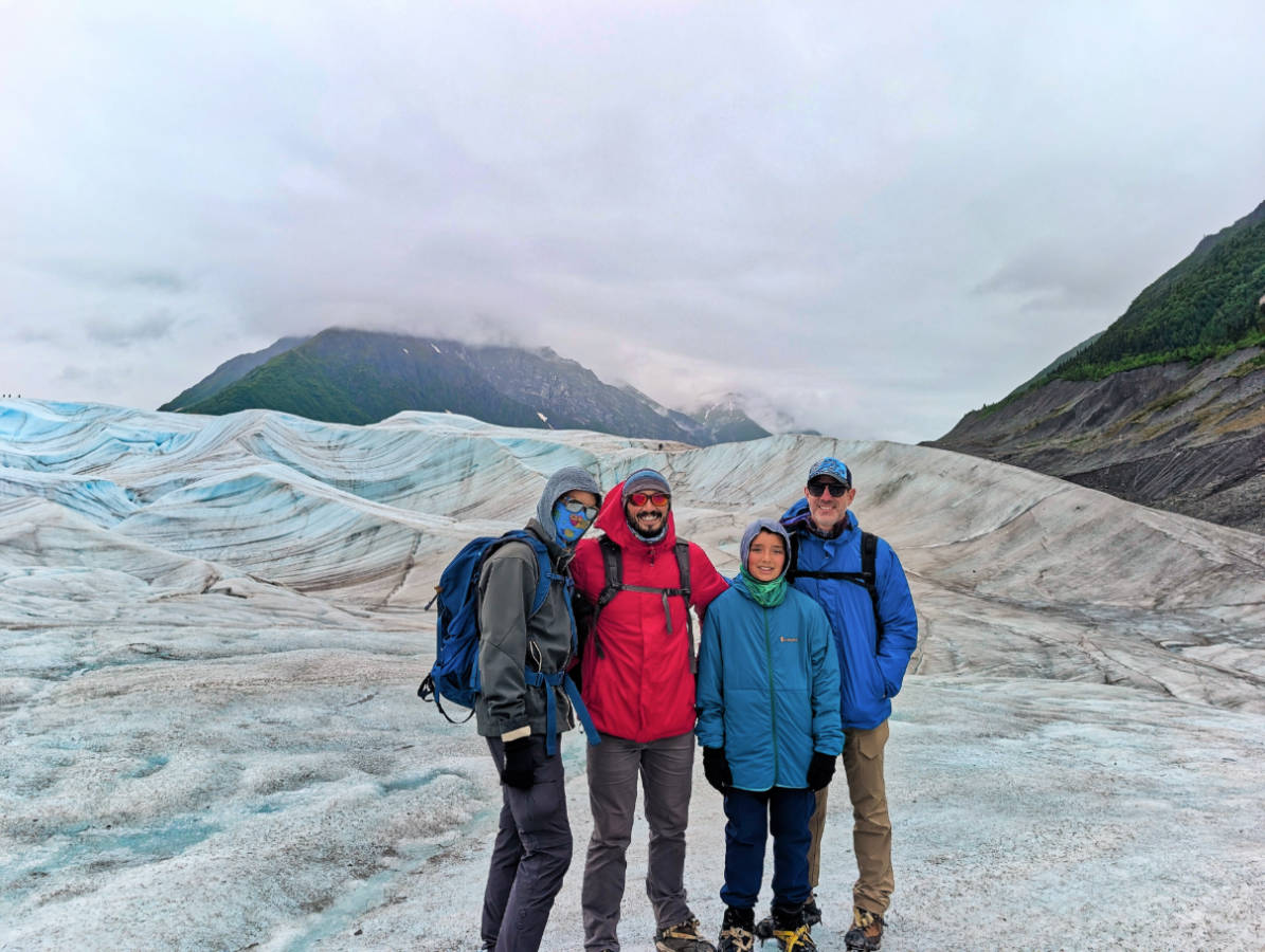 Full Taylor Family hiking on Root Glacier with Kennicott Wilderness Guides in Wrangell St Elias National Park McCarthy Alaska