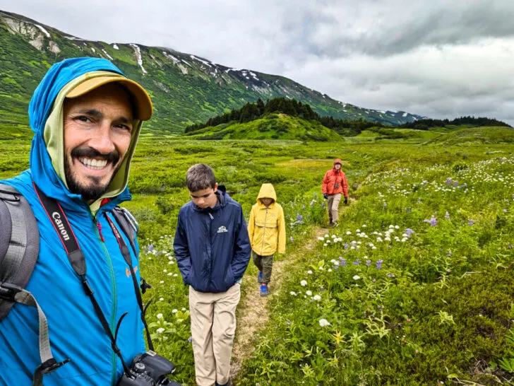 Full Taylor Family hiking through Wildflowers at Turnagain Pass Kenai Peninsula Alaska 1