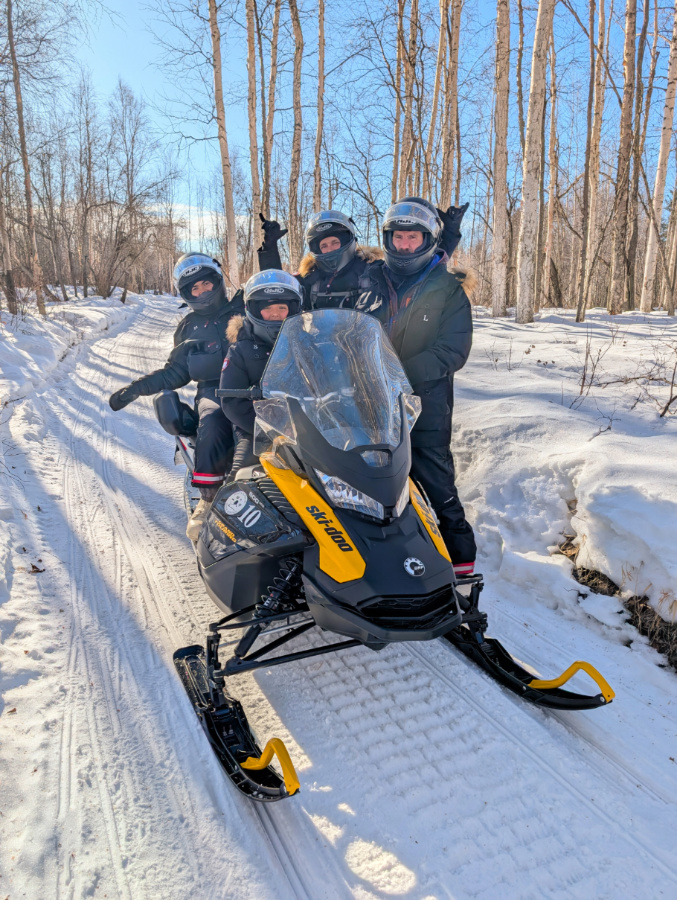 Full Taylor Family in Snow Gear at Rods Alaskan Guide Service Snowmachine Tours North Pole Alaska 2