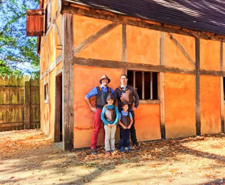 Full Taylor Family in armor in village at Jamestown Settlement Virginia 1