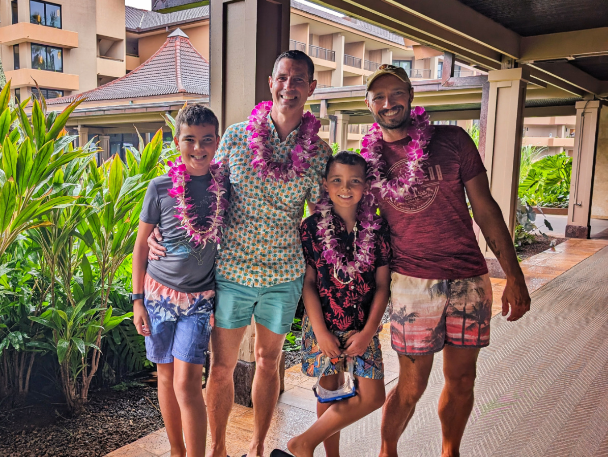 Full Taylor Family making leis at Sheraton Kauai Resort Poipu Kauai Hawaii 3