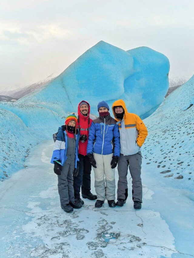 Full Taylor Family on Icebergs in Frozen Lake at Knik Glacier with Alaska Backcounty Adventures UTV Winter Tour Palmer Alaska 2