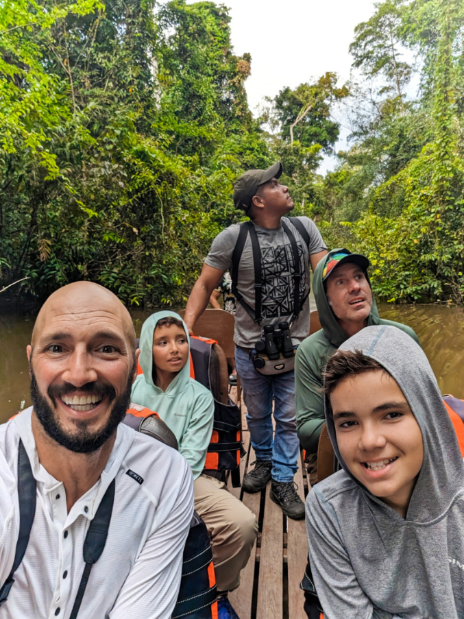 Full Taylor Family on boat excursion at Treehouse Lodge in Amazon Rainforest Peru 2