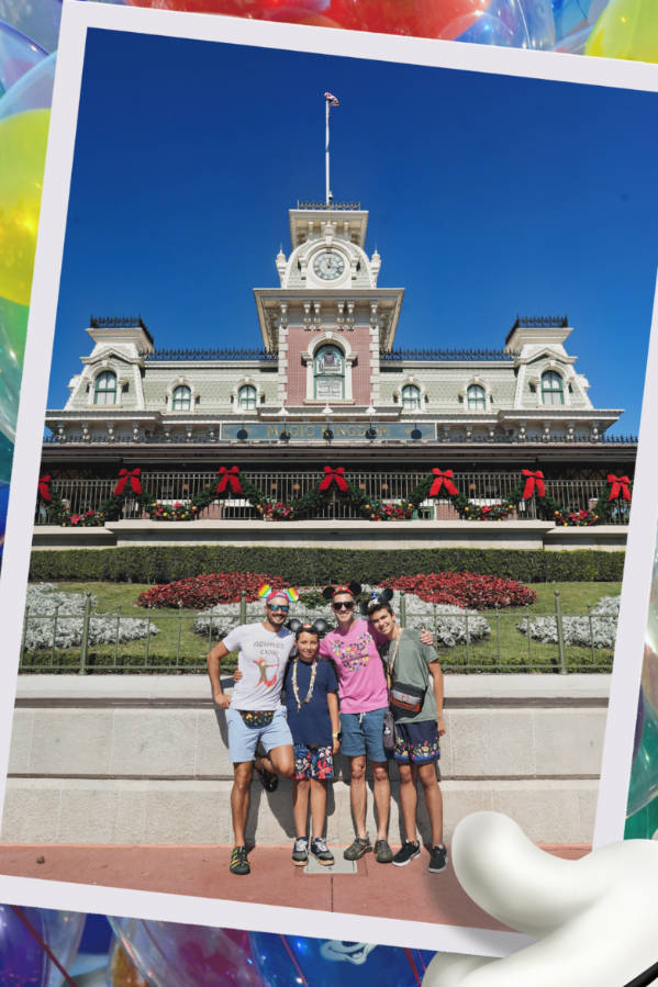 Full Taylor family at Main Street Station in Magic Kingdom Disney Photo Pass Walt Disney World Orlando 1