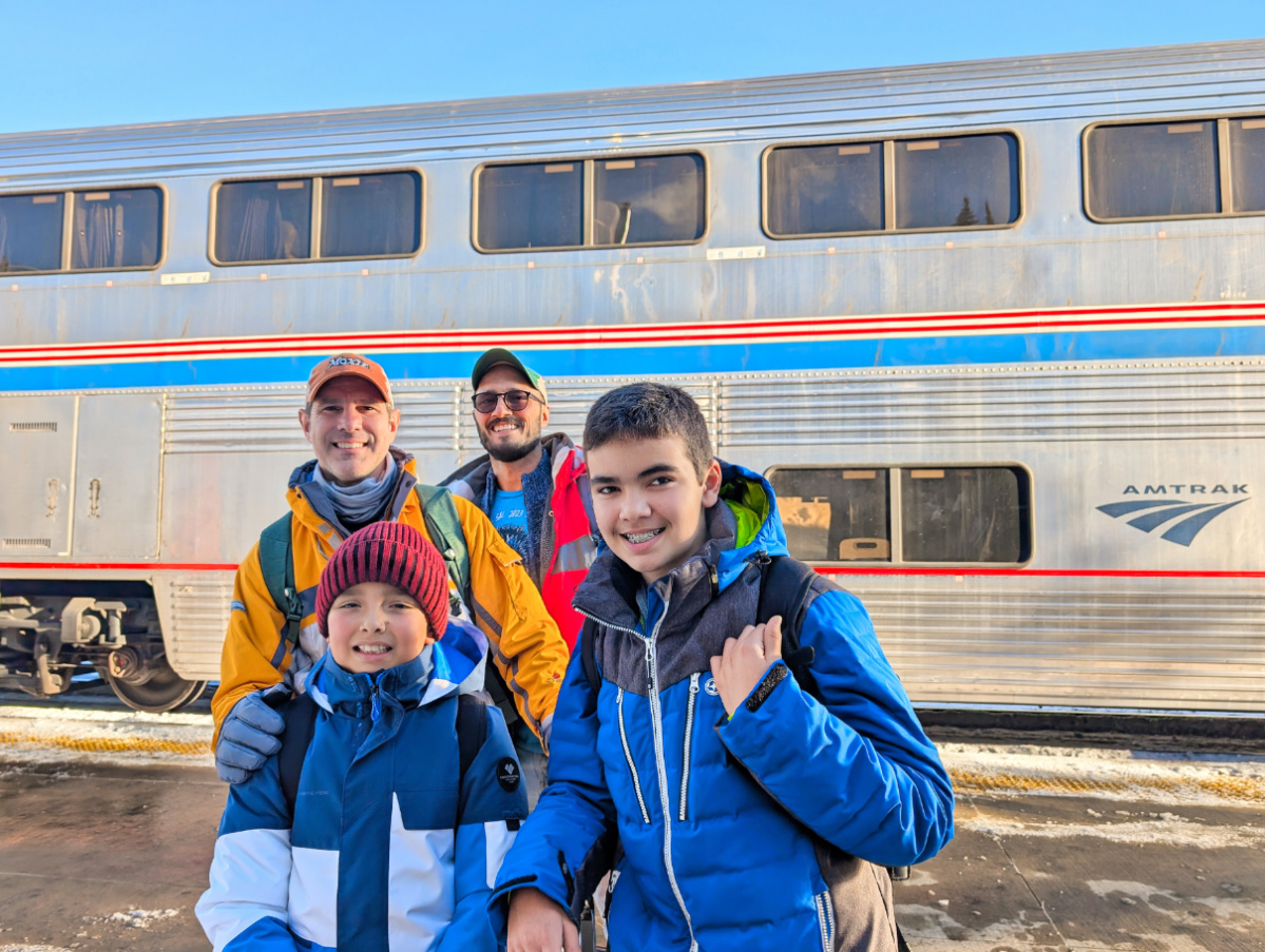 Full Taylor family on platform with Amtrak Winter Park Express Colorado 1