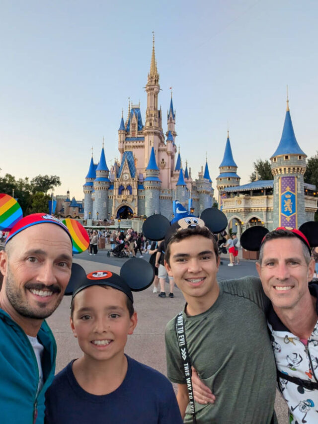 Full Taylor family with Mickey Ears at Cinderella Castle in Magic Kingdom Walt Disney World Orlando 3