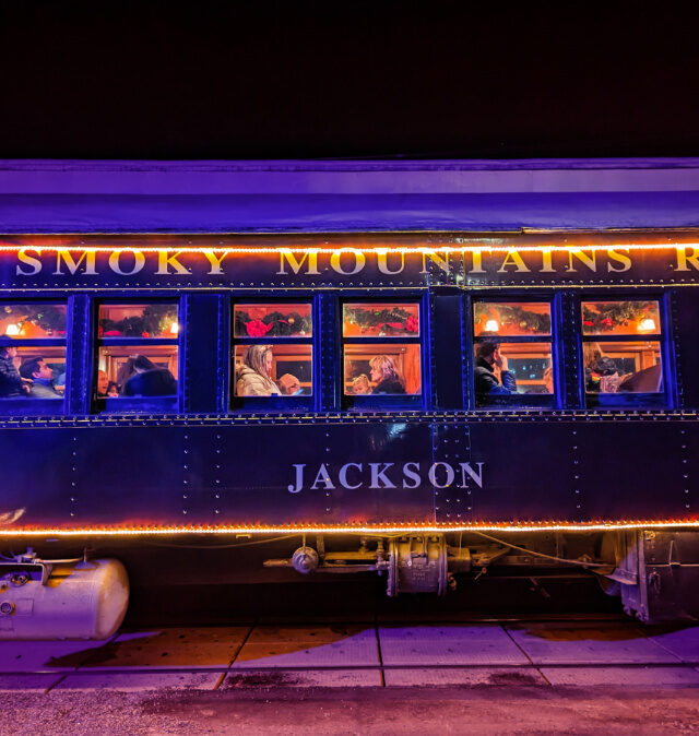 Great Smoky Mountain Railroad Polar Express Train at night in Bryson City North Carolina 1
