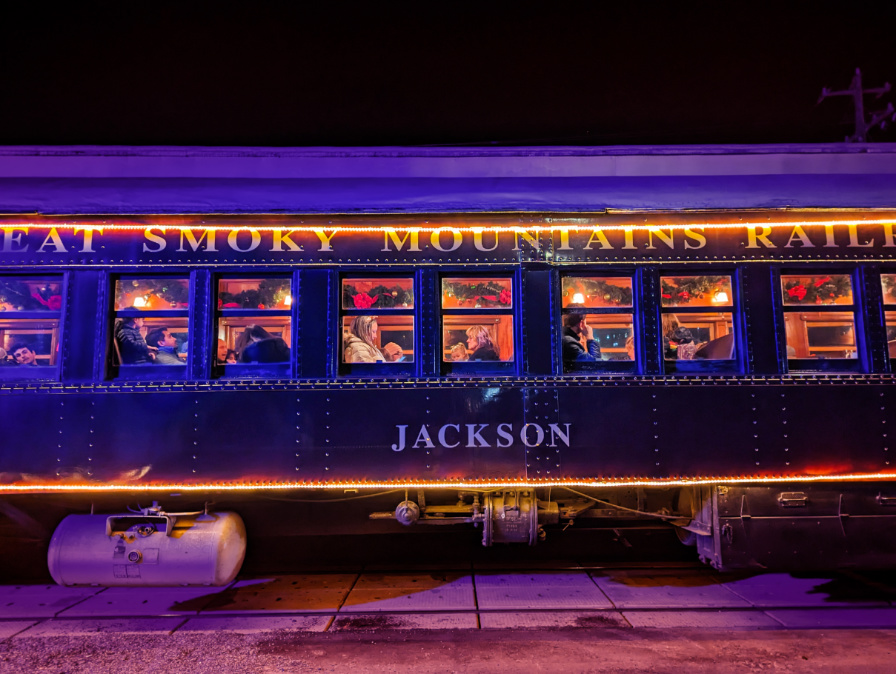 Great Smoky Mountain Railroad Polar Express Train at night in Bryson City North Carolina 1