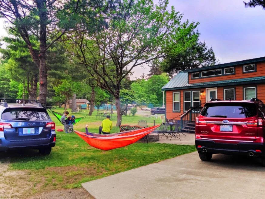 Hammocks between Subarus at Astoria KOA Campground Warrenton Oregon 2