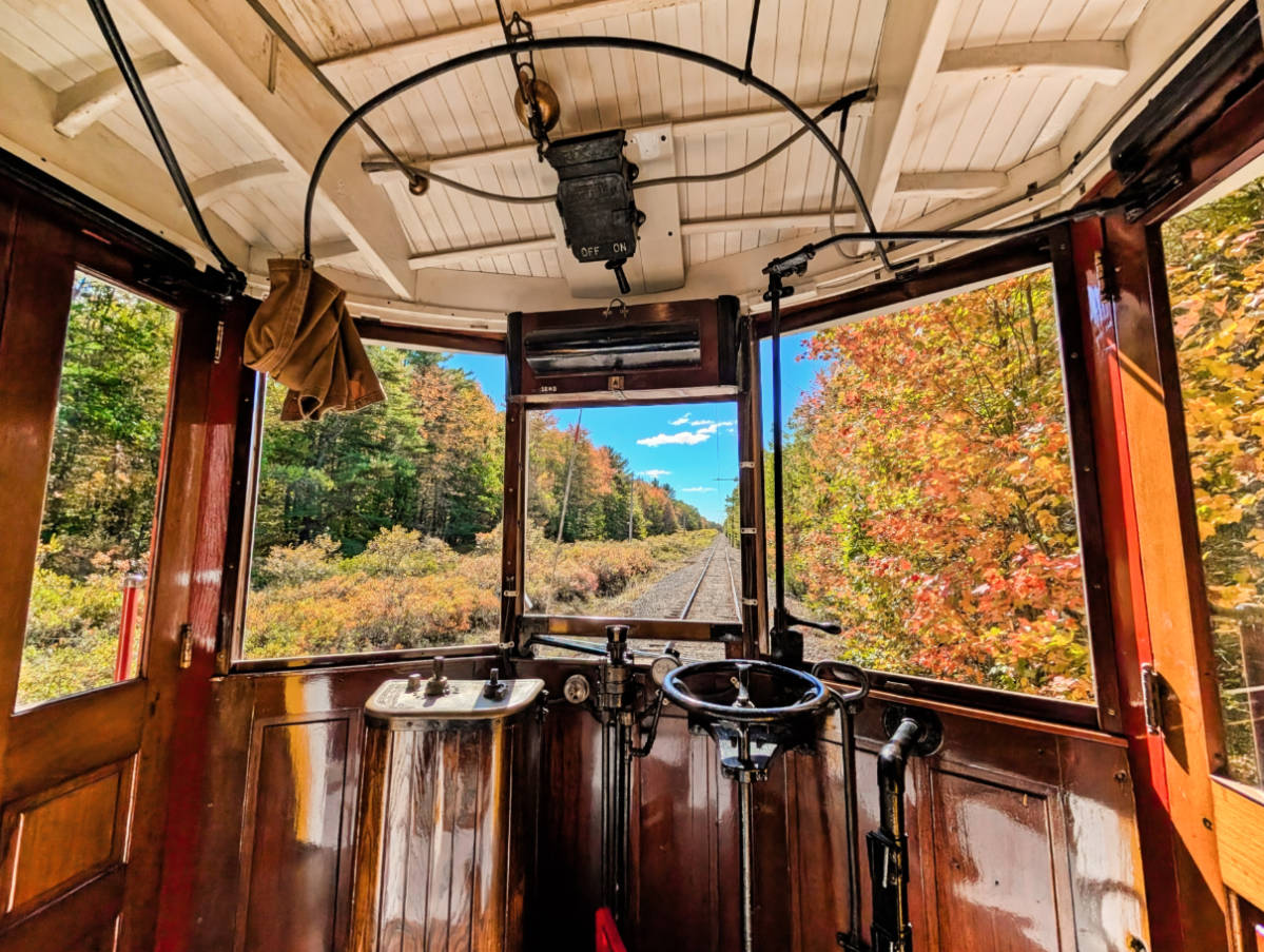 Interior of Vintage Trolley Car with Fall Colors at Seashore Trolley Museum Kennebunkport Maine