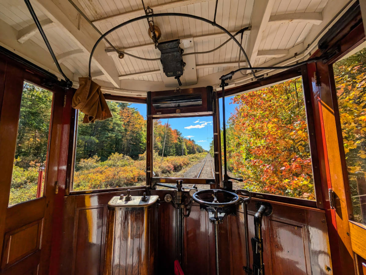 Interior of Vintage Trolley Car with Fall Colors at Seashore Trolley Museum Kennebunkport Maine