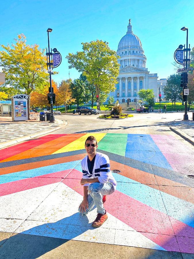 Joey Amato Pride Journeys and the rainbow crosswalk at Capitol Building Madison Wisconsin
