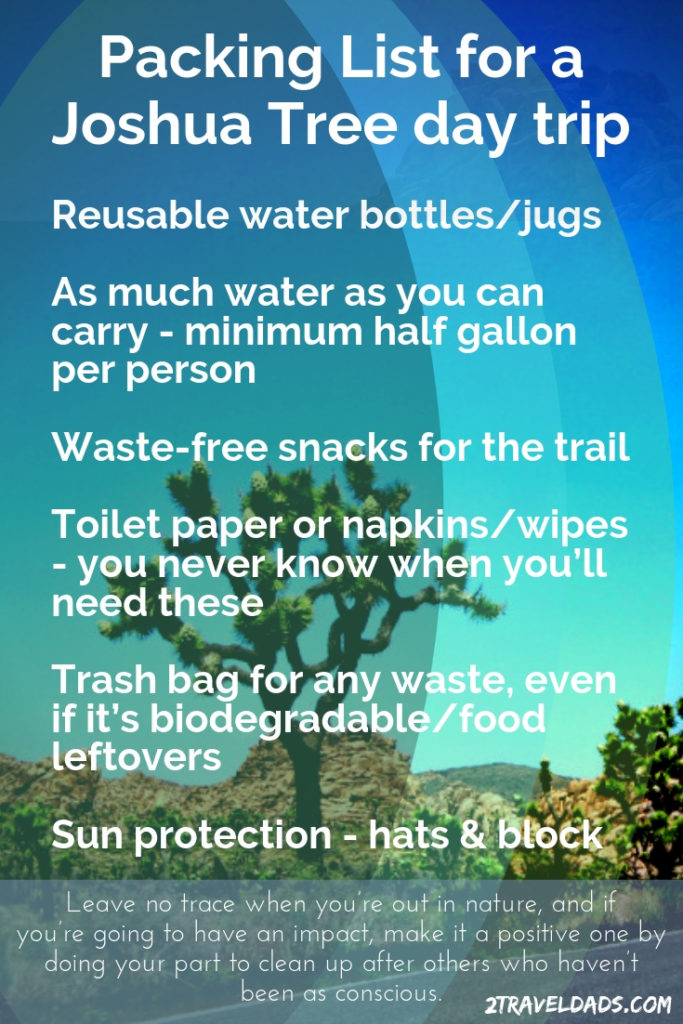 It's important to pack smart for a Joshua Tree day trip. Lots of water and waste free snacks make for a safe, enjoyable day of hiking in Joshua Tree National Park.