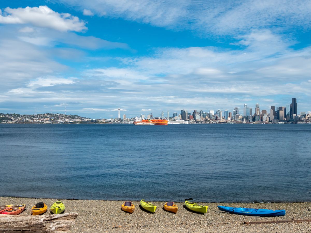 Kayaks on Alki Beach in West Seattle